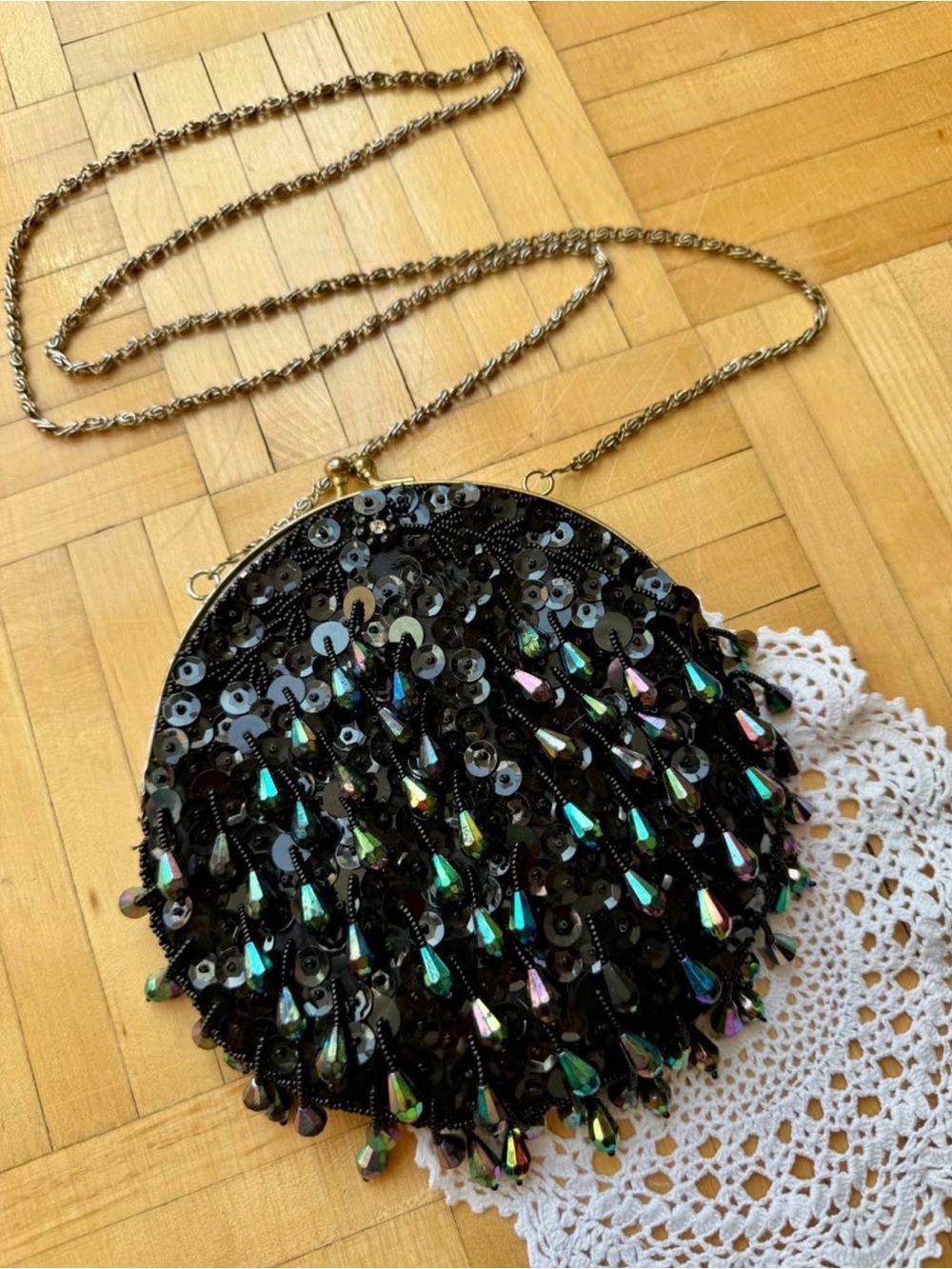 Vintage DC Kaiho Hand Beaded Evening Bag • Made in Macau • Black Iridescent